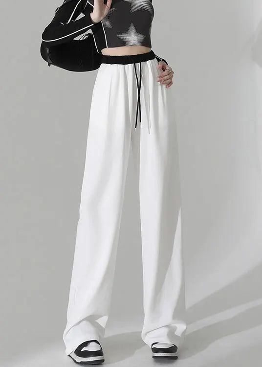 Pink Pockets Elastic Waist Cotton Straight Pants Spring