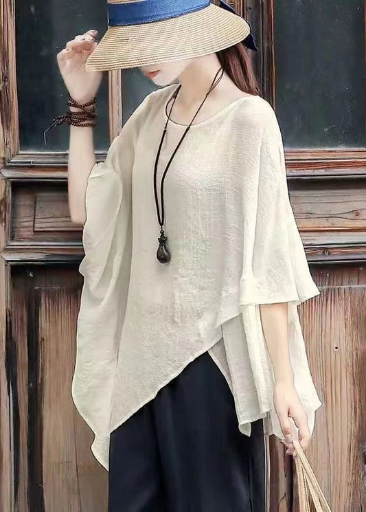 Loose Apricot O-neck Asymmetrical Cotton Tops Batwing Sleeve