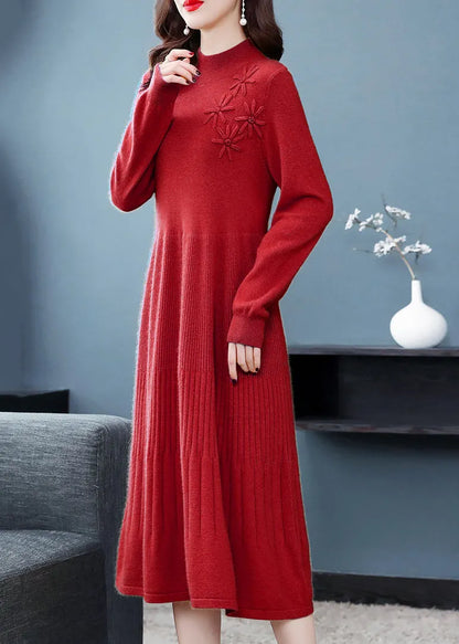 Yellow Patchwork Woolen Dress Embroideried Turtleneck Fall
