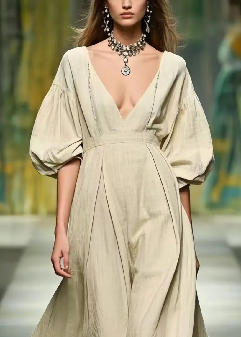 French Deep-v Neck Exra Large Hem Linen Long Dress Lantern Sleeve