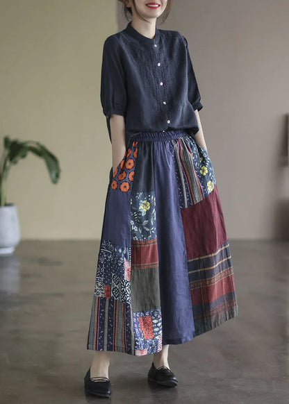 Colorblock Elastic Waist Patchwork Print Linen Skirts Summer