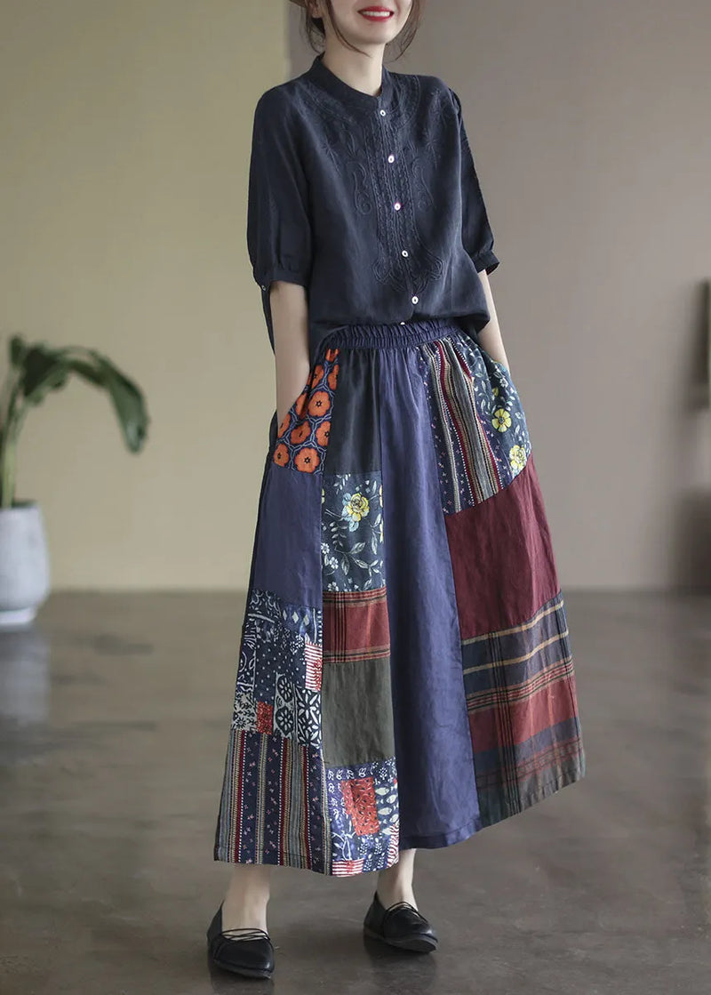 Colorblock Elastic Waist Patchwork Print Linen Skirts Summer