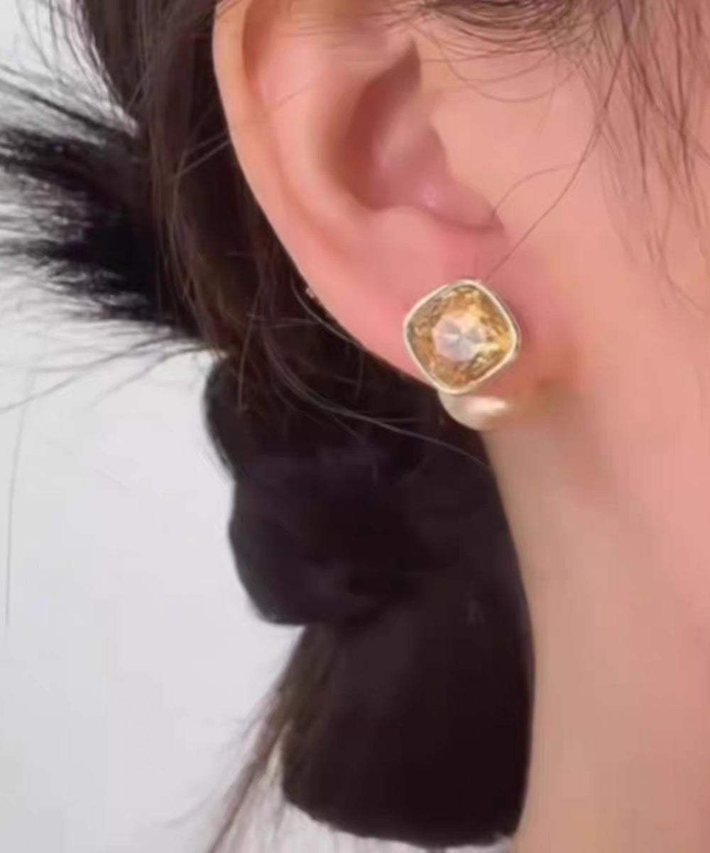 Champagne Copper Overgild Pearl Two Ways of Wearing It Stud Earrings