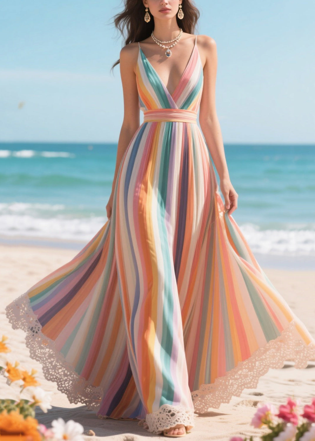 Polychrome Striped Patchwork Exra Large Hem Beach Dress Summer