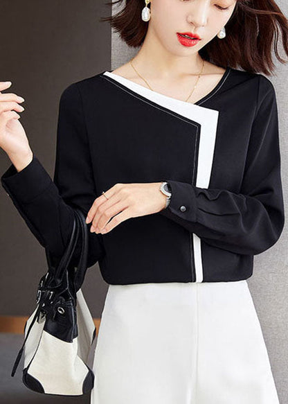 Black V Neck Patchwork Chiffon Shirt Top Long Sleeve