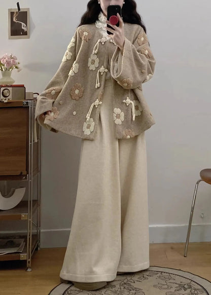 Apricot Chinese Button Coat and Wide Leg Pants Woolen Two Pieces Set Fall