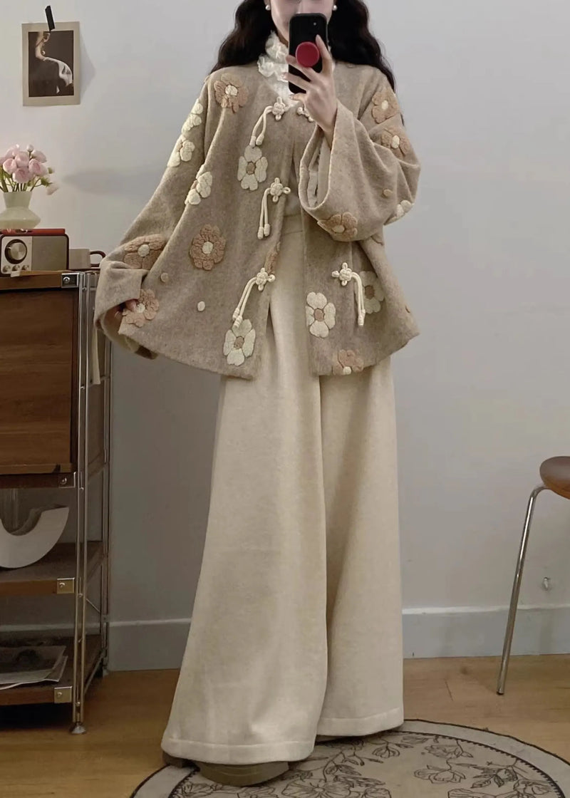 Apricot Chinese Button Coat and Wide Leg Pants Woolen Two Pieces Set Fall