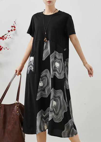 Black Oversized Patchwork Print Cotton Long Dress Summer