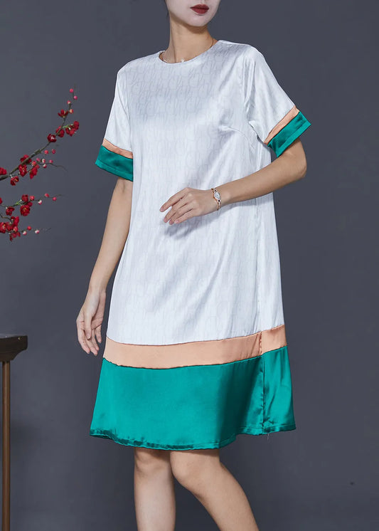 French White O-neck Patchwork Silk Dress Summer