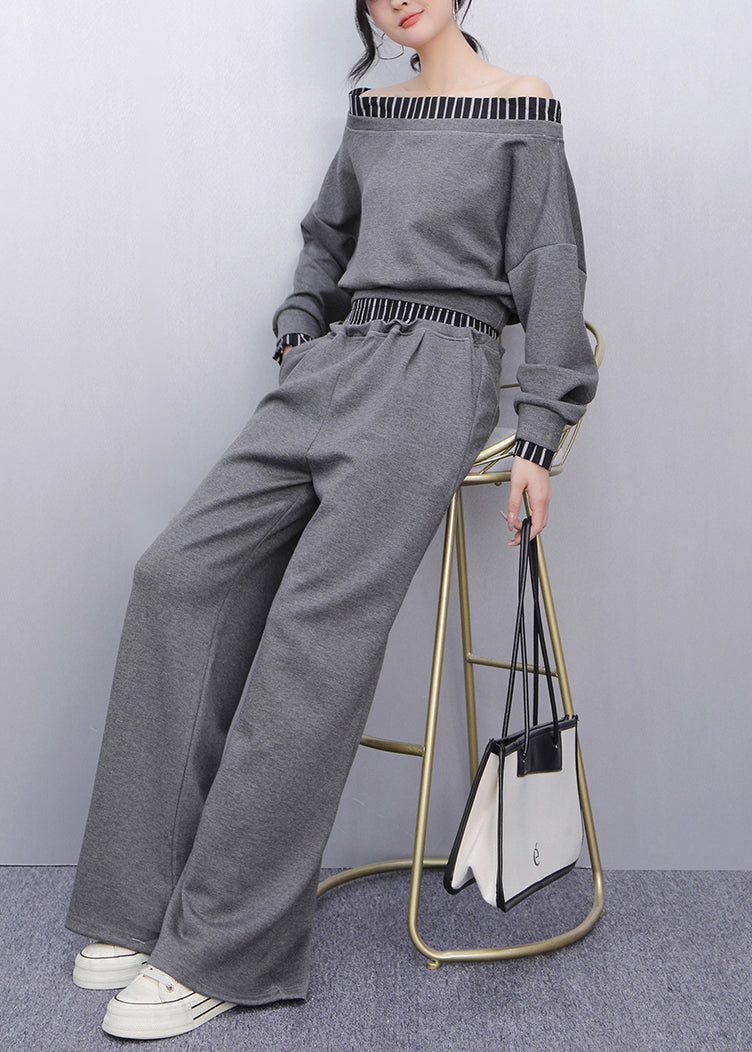 Fine Grey Cold Shoulder Patchwork Cotton Two-piece Set Summer
