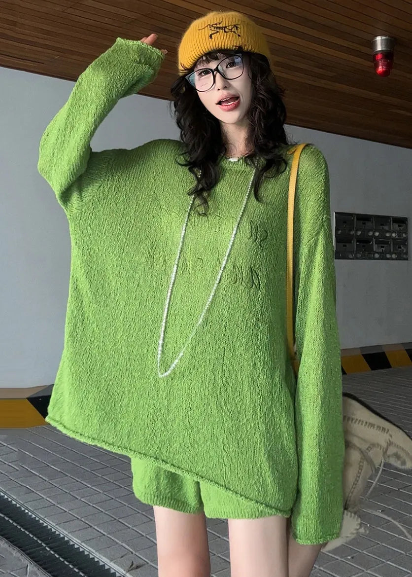 Grass Green Embroidered Letter Knit Two-piece Set Spring