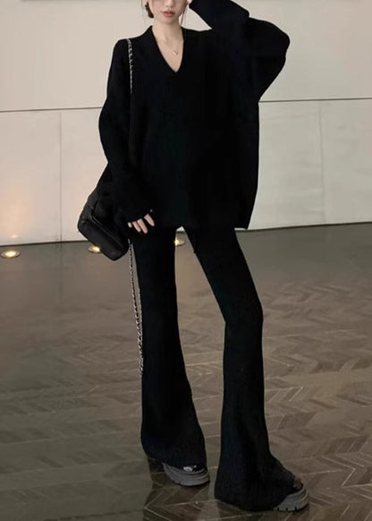 Black Sweaters and Flared Trousers Knit Two Pieces Set V Neck Spring