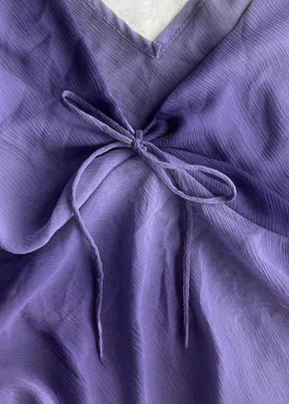 Simple Purple V Neck Lace Up Cotton Tank Sleeveless