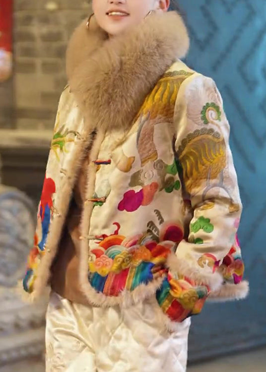 Yellow Fur Collar Embroidered Fine Cotton Filled Jacket Winter