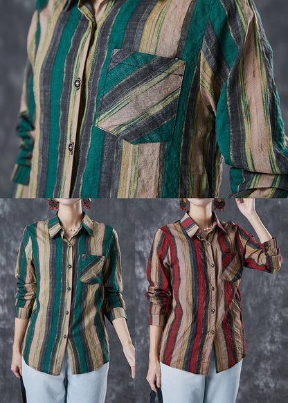 Red Peter Pan Collar Striped Linen Shirt Top Fall