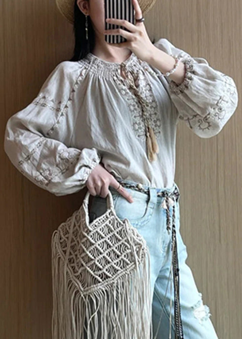 Loose Apricot Embroidered Lace Up Linen Shirt Fall