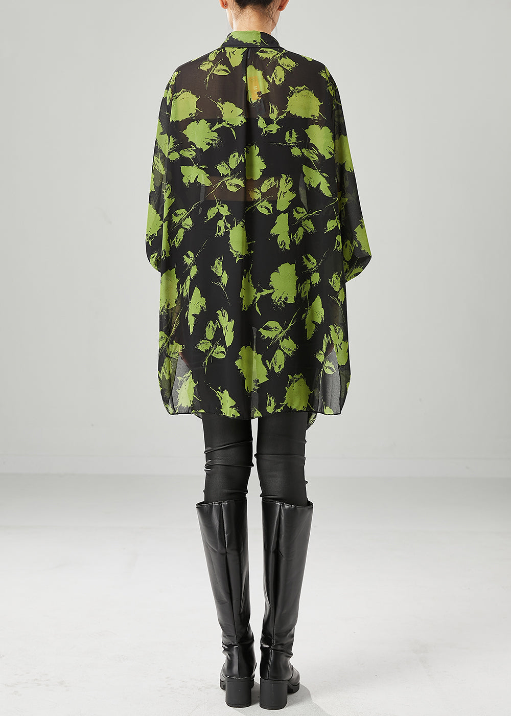 Green Print Chiffon Upf 50+ Shirt Tops Oversized Fall