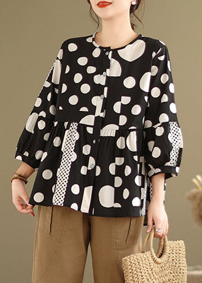 Black Dot Patchwork Button Shirt Spring