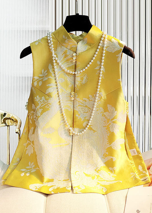 Diy Yellow Stand Collar Button Side Open Jacquard Satin Vest Spring