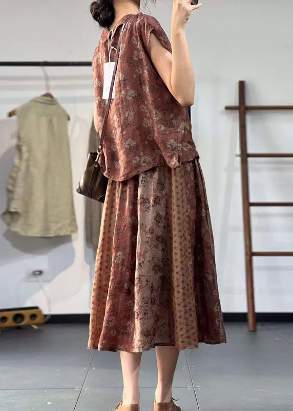 Khaki Peter Pan Collar Print Linen Two Pieces Set Summer