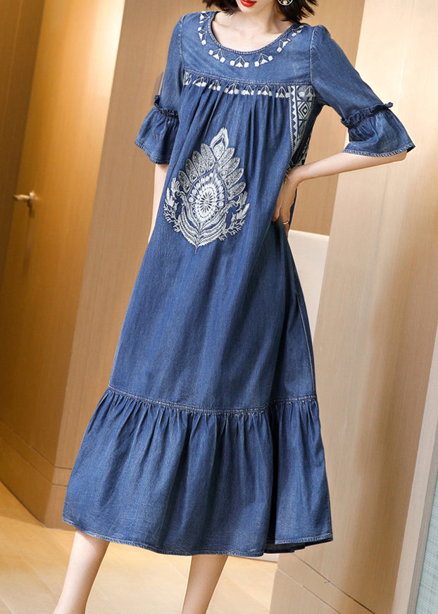 Blue O-neck Embroideried Ruffles Cotton Denim Dress Flare Sleeve