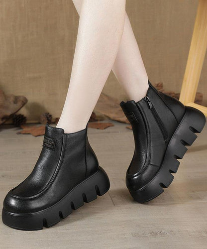 Brown Zippered Platform Cowhide Leather Boots Splicing Boots
