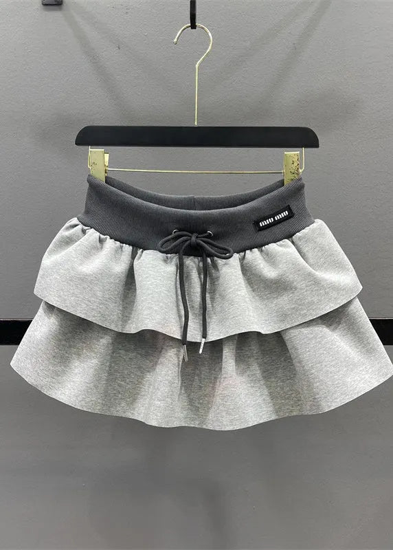 Natural Grey Elastic Waist Drawstring a Line Skirts
