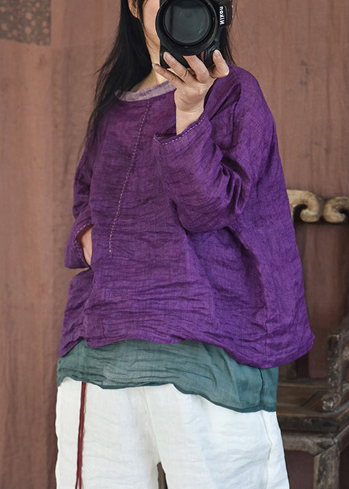 Purple O-neck Wrinkled Linen Shirt Spring