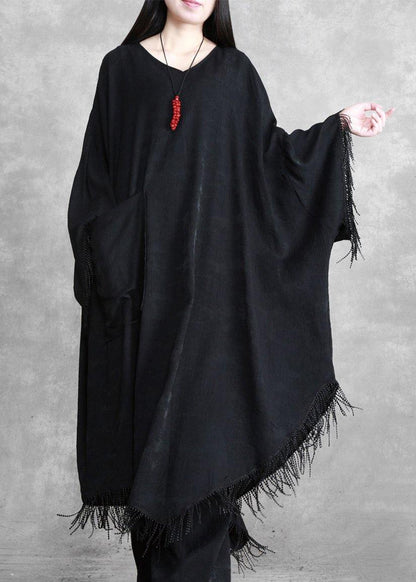 Black Tasseled Silk Linen Cape Dress Caftans Outfits