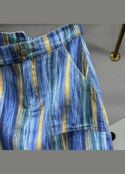 Blue Striped Asymmetrical Pockets Patchwork Denim Skirts Summer