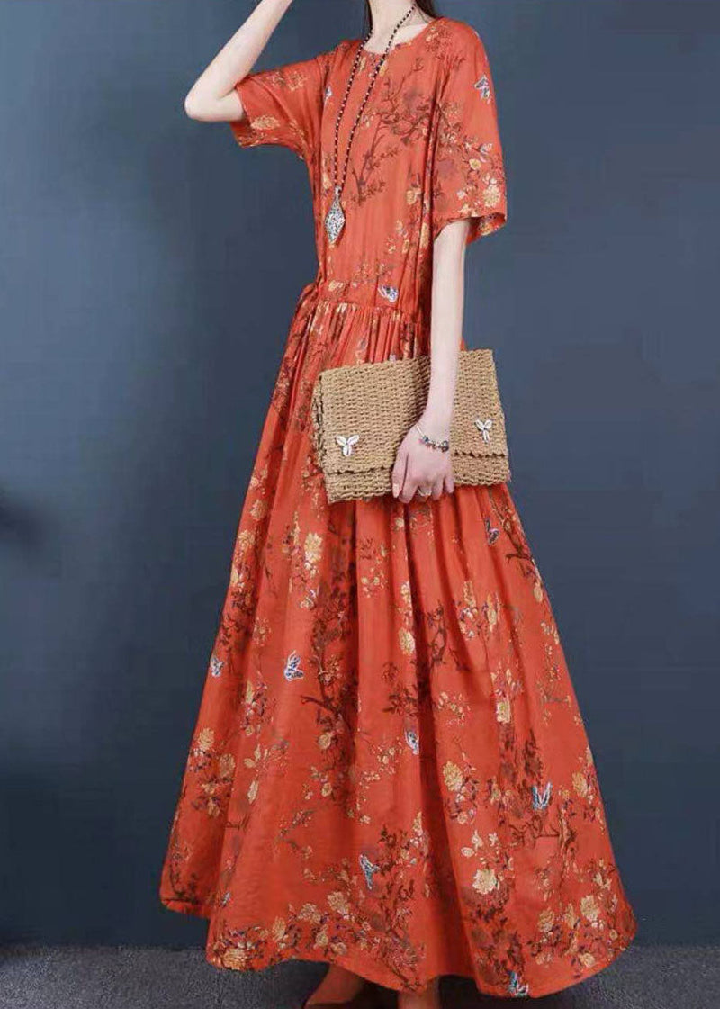 Orange Cinched Print Cotton Long Dress Short Sleeve