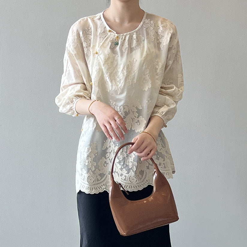 Beige O-neck Print Chiffon Shirts Long Sleeve