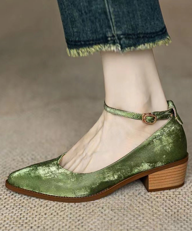 Green Faux Leather Chunky Loafers for Splicing Buckle Strap