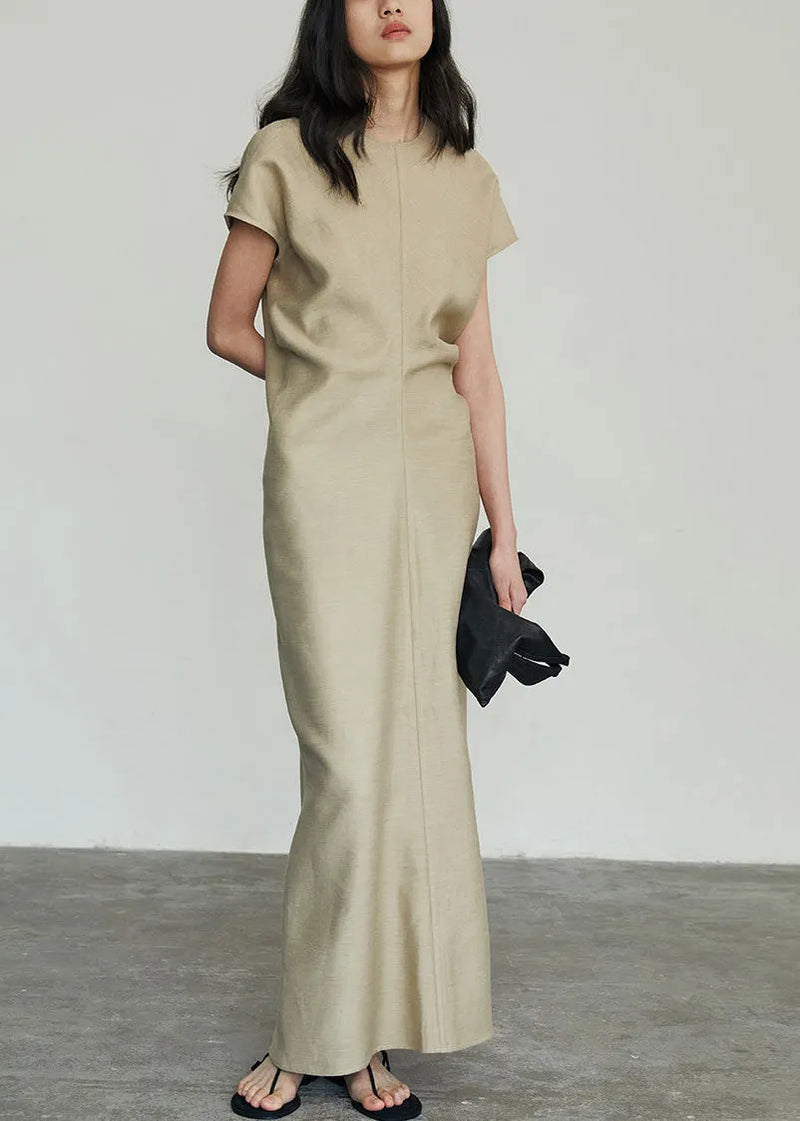 Classy Khaki O Neck Slim Fit Cotton Long Dresses Summer