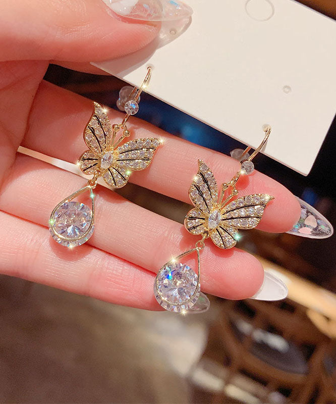 Gold Alloy Zircon Crystal Butterfly Water Drop Drop Earrings