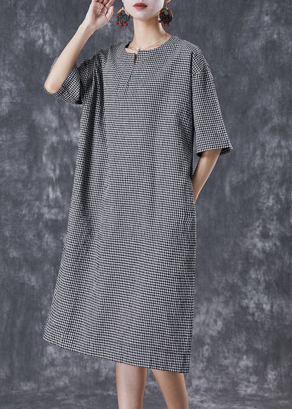 Black Oversized Plaid Cotton Maxi Dresses Summer