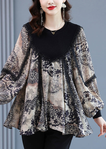 Loose Apricot Retro Jacquard Patchwork Tops Spring