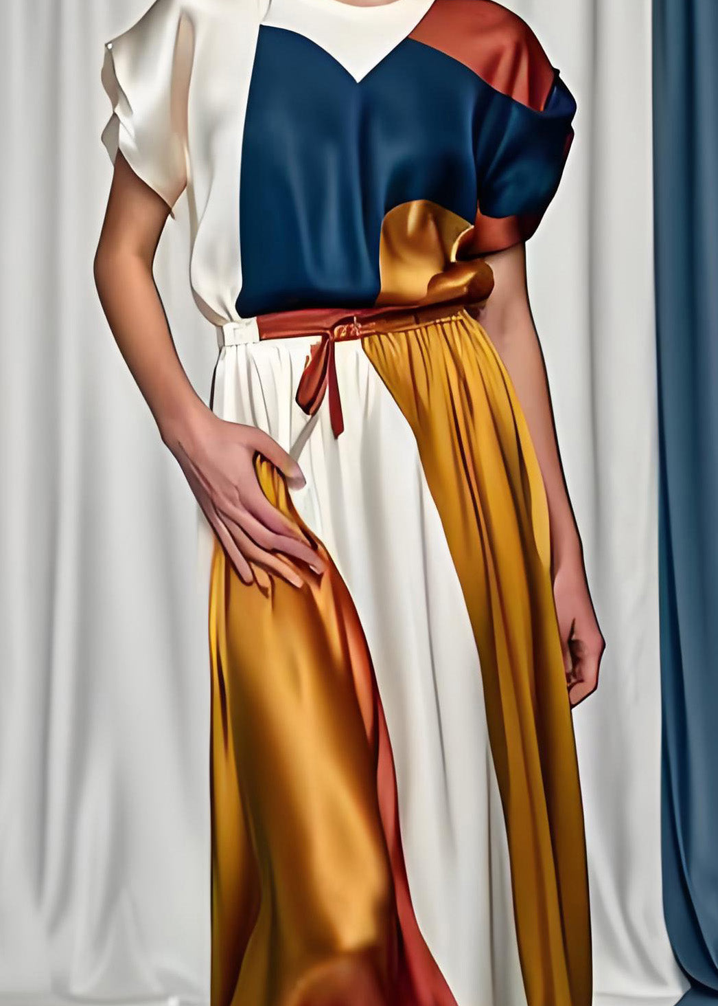 Boutique Colorblock O Neck Tops and Skirts Silk Dress Summer