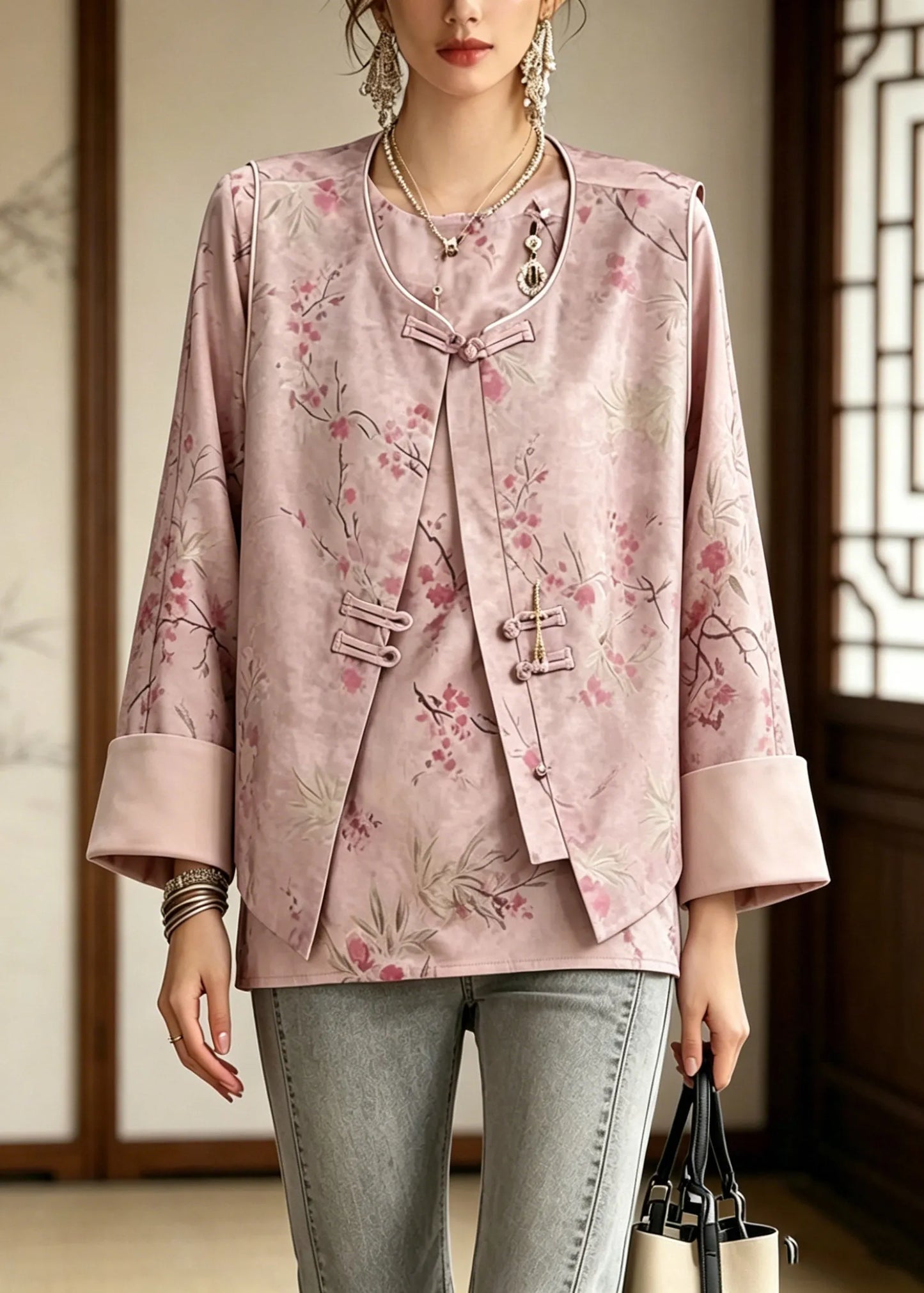Chinese Style Pink Print Waistcoat and Shirt Two Pieces Set Long Sleeve