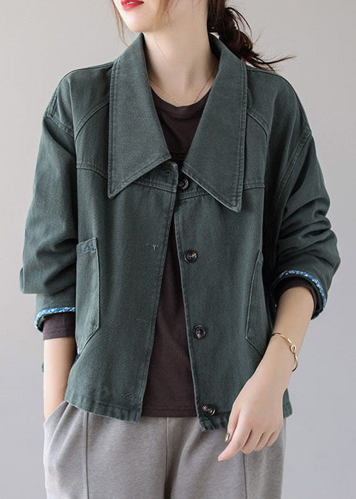 Green Button Patchwork Pockets Fall Denim Coat