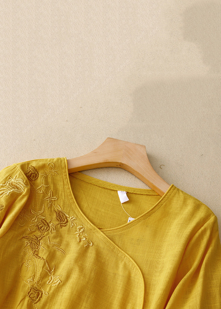 Stylish Yellow V Neck Embroideried Linen Blouses Bracelet Sleeve