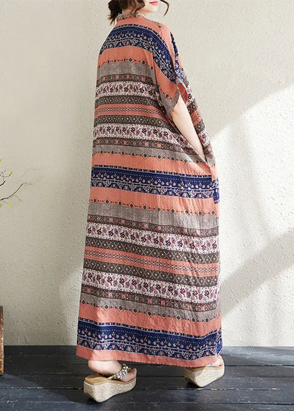 Style Orange Print Oversized Striped Cotton Long Dresses Summer
