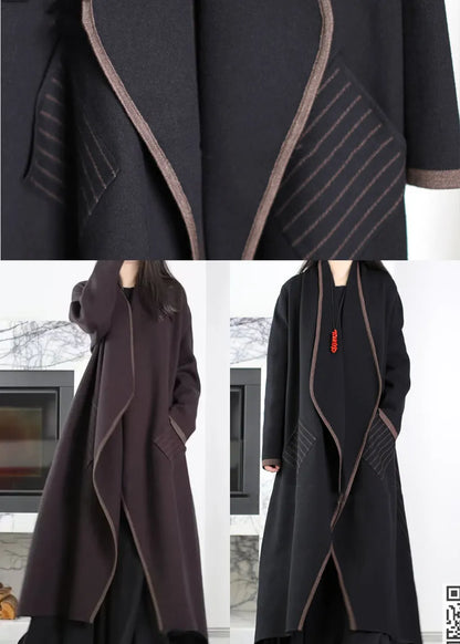 Black Patchwork Knit Coat Outwear Peter Pan Collar Striped Winter