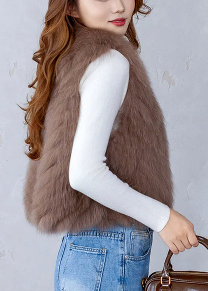 Coffee V Neck Warm Leather and Fur Waistcoat Winter