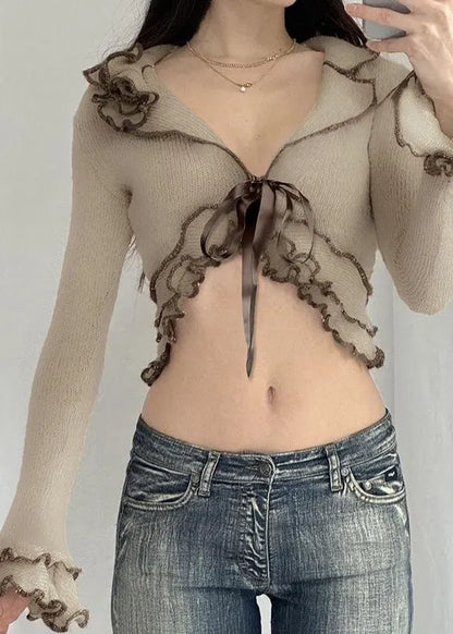 Ruffled Patchwork Tie Wais Knit Tops Flare Sleeve
