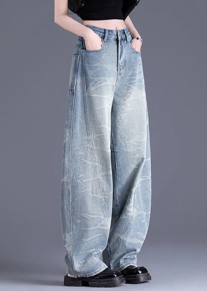 New Blue Pockets Tie Dye Patchwork Denim Pants Spring