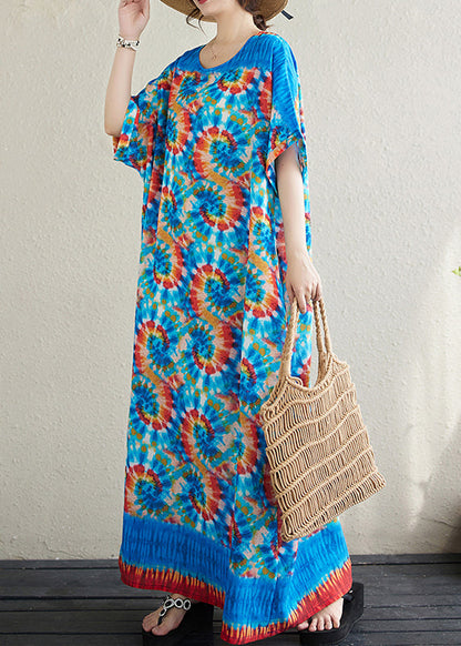 Blue Oversized Print Cotton Vacation Dress Batwing Sleeve