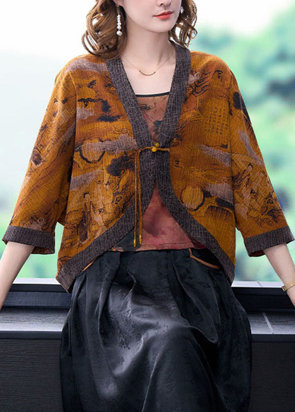 Yellow V Neck Patchwork Silk Upf 50+ Coat Outwear Batwing Sleeve