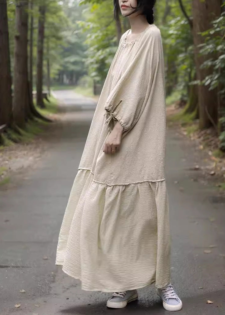 Beige O-neck Drawstring Patchwork Maxi Dress Bracelet Sleeve