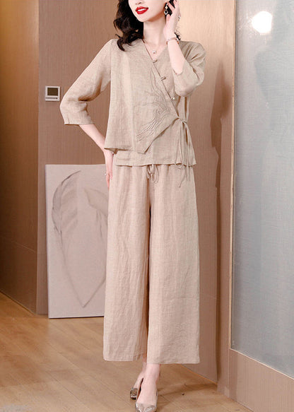 Beige Asymmetrical Tie Waist Linen Two Pieces Set Spring